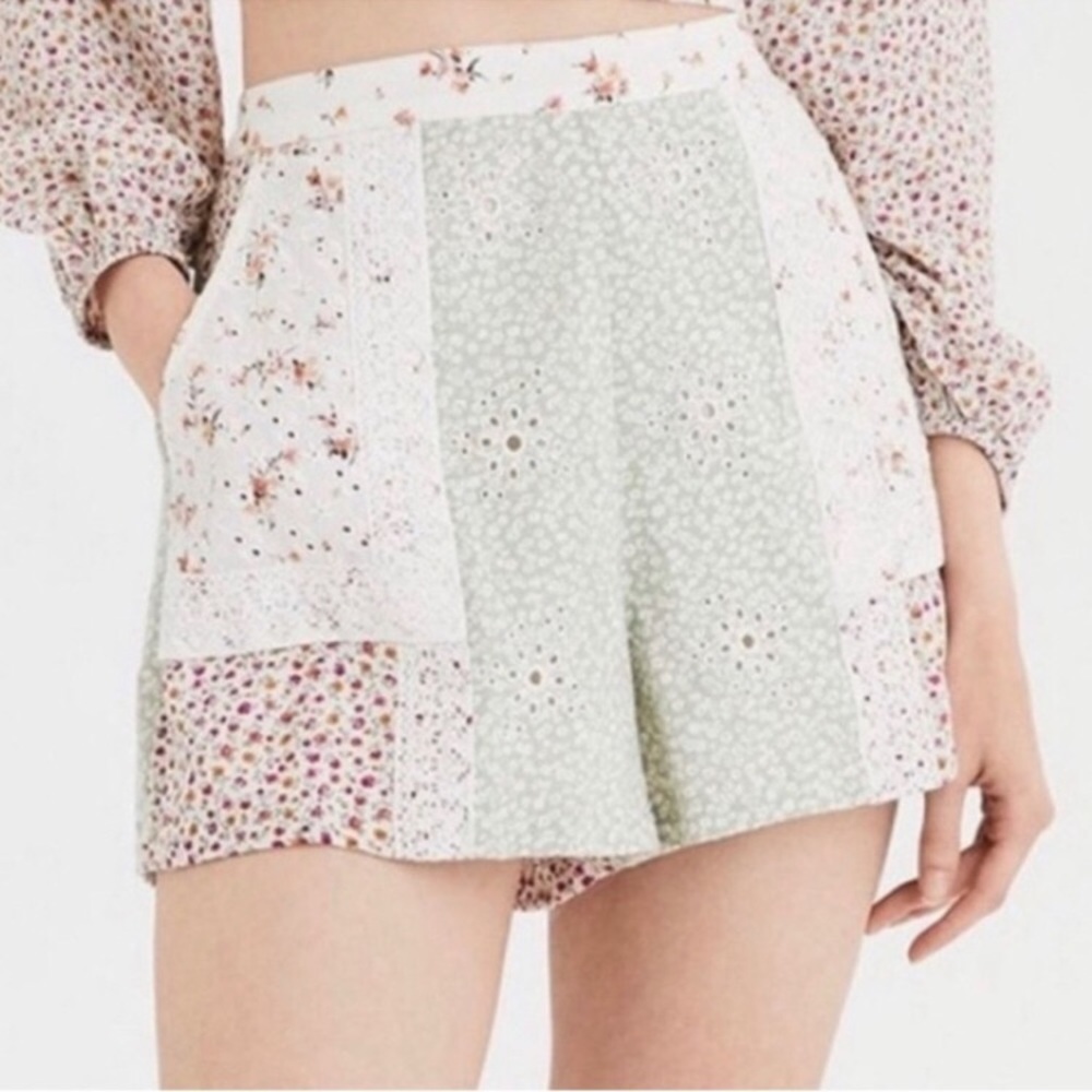 American Eagle Outfitters High Waist Floral Shorts - Green and White